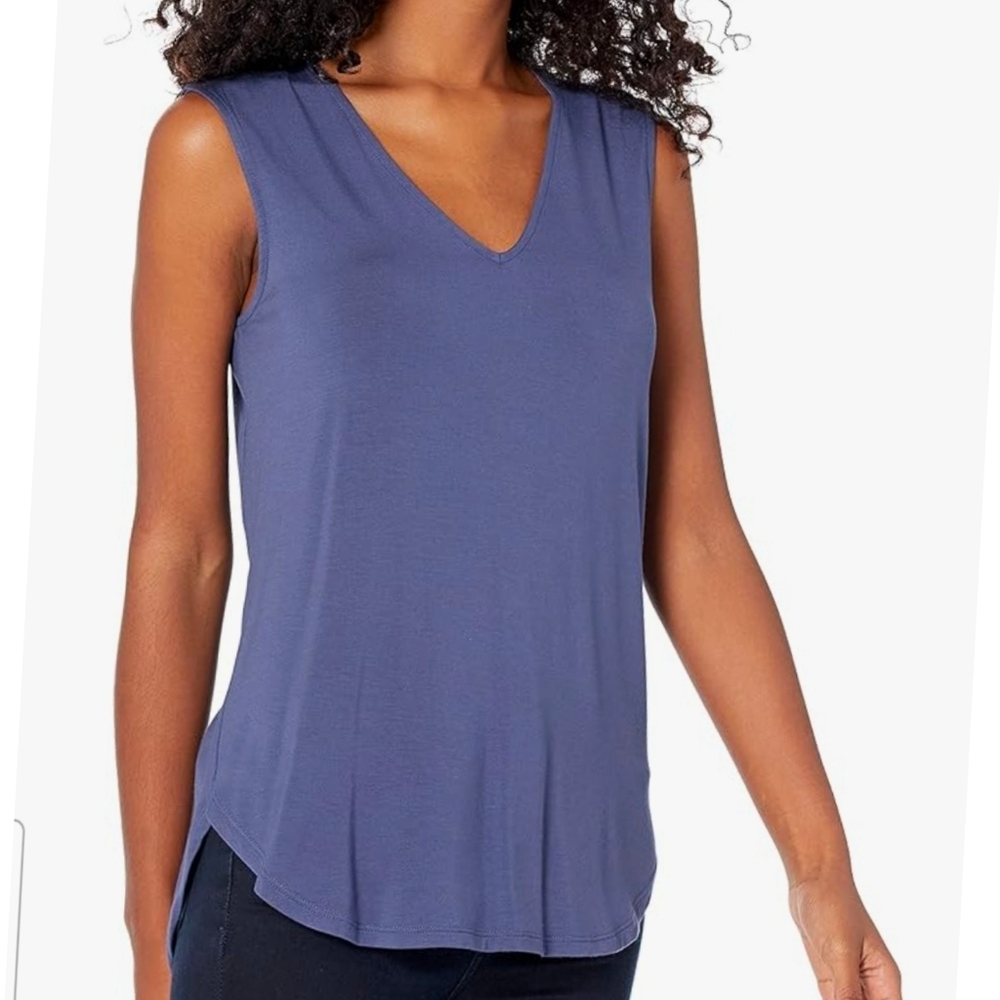 Women's Blue Jersey Standard-Fit V-Neck Tank Top Wide Tank Straps Soft Stretchy
